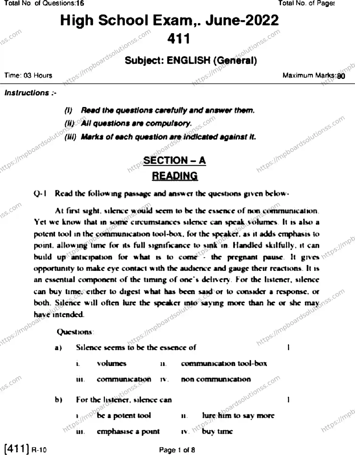MP Board Class 10 English General HE-531670 Final Paper 2022 Image 1
