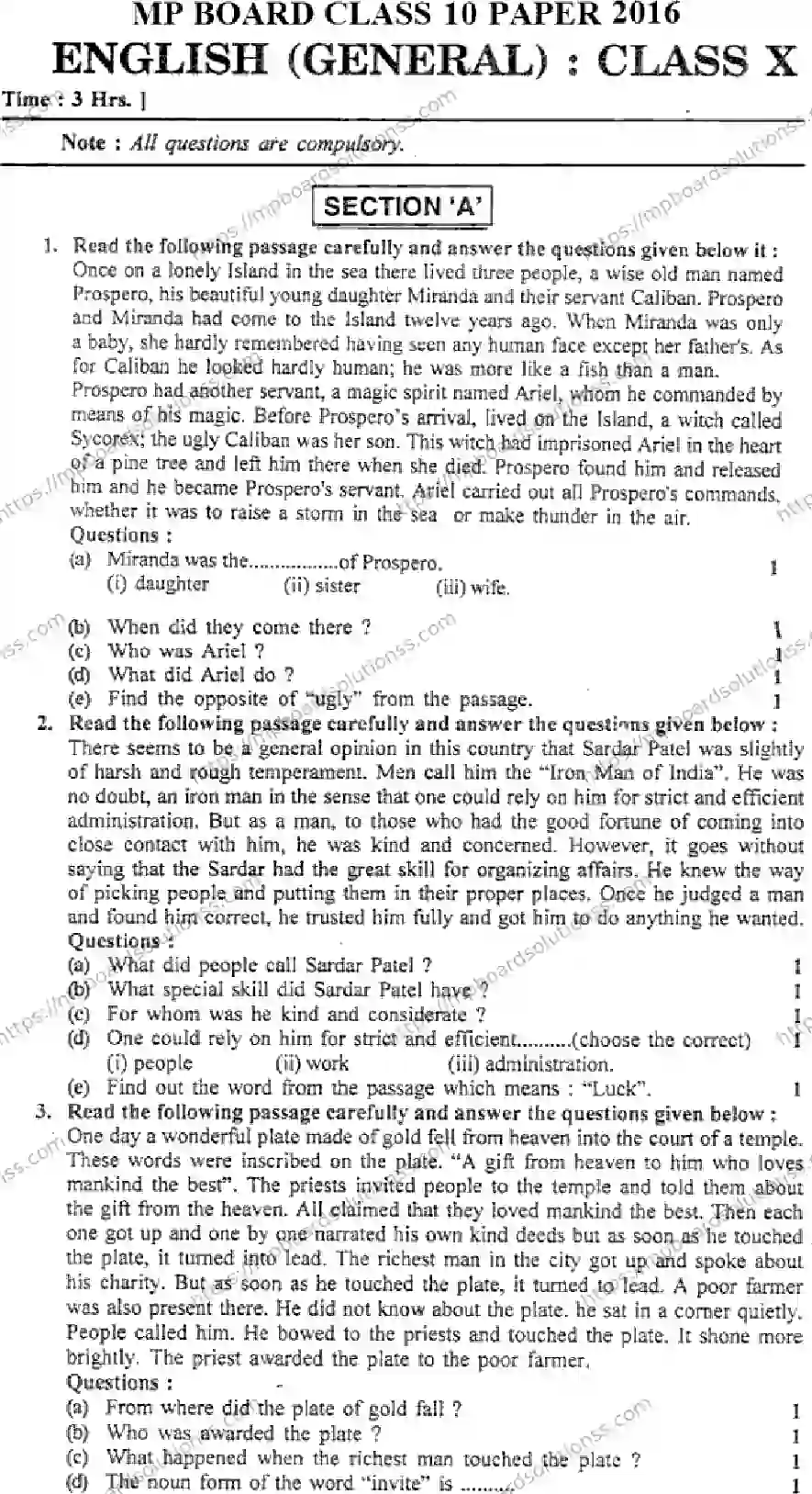 MP Board Class 10 English General HM-713126 Final Paper 2016 Image 1