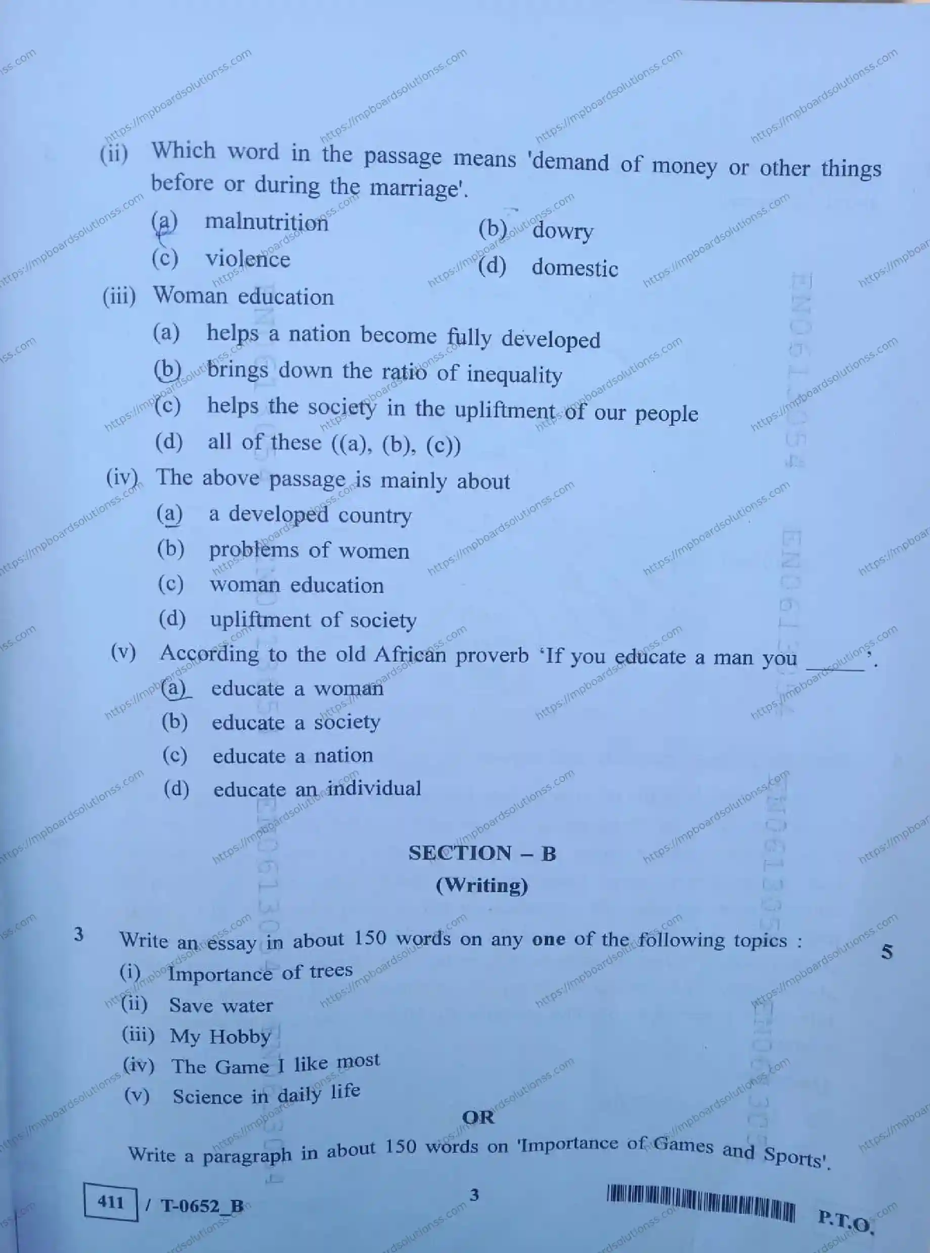 MP Board Class 10 English T Set B-450672 Final Paper 2024 Image 3