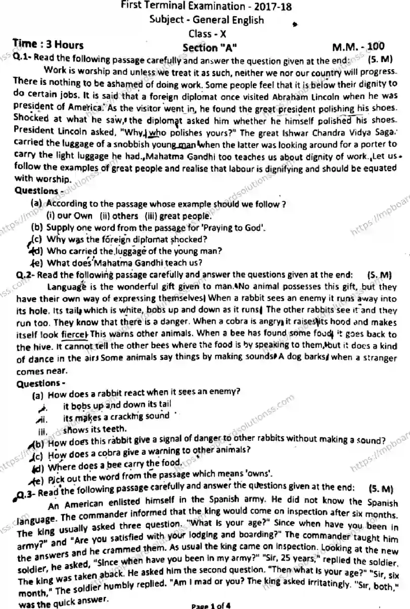 MP Board Class 10 General English HM-243894 Final Paper 2018 Image 1