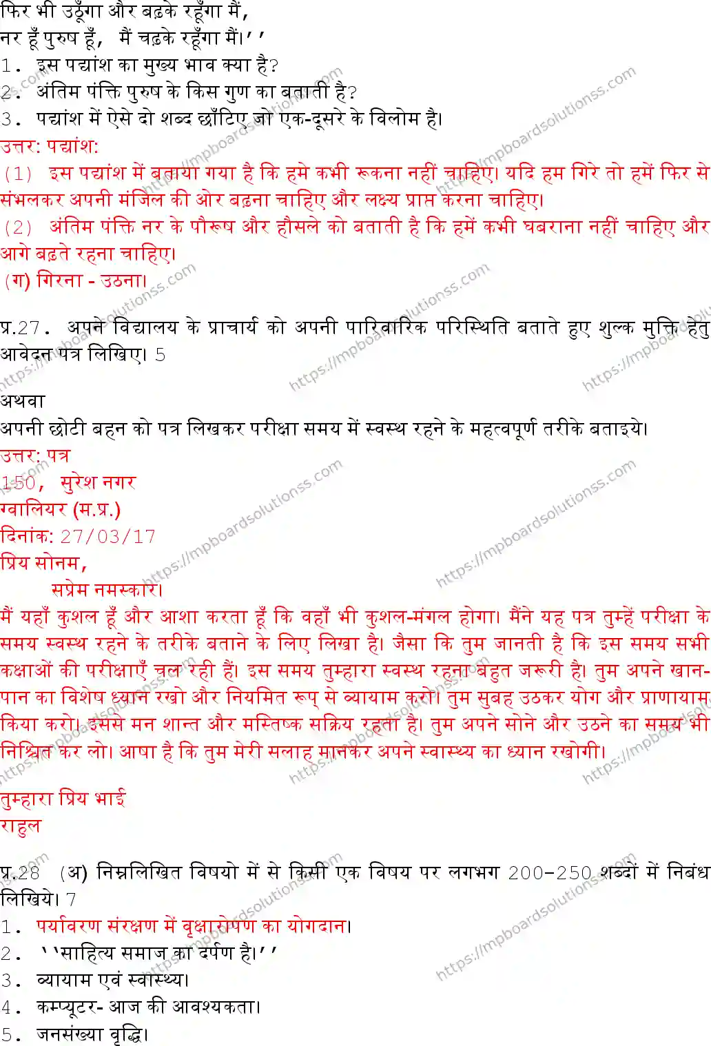 MP Board Class 10 Hindi General With Answer-653289 Final Paper 2017 Image 9