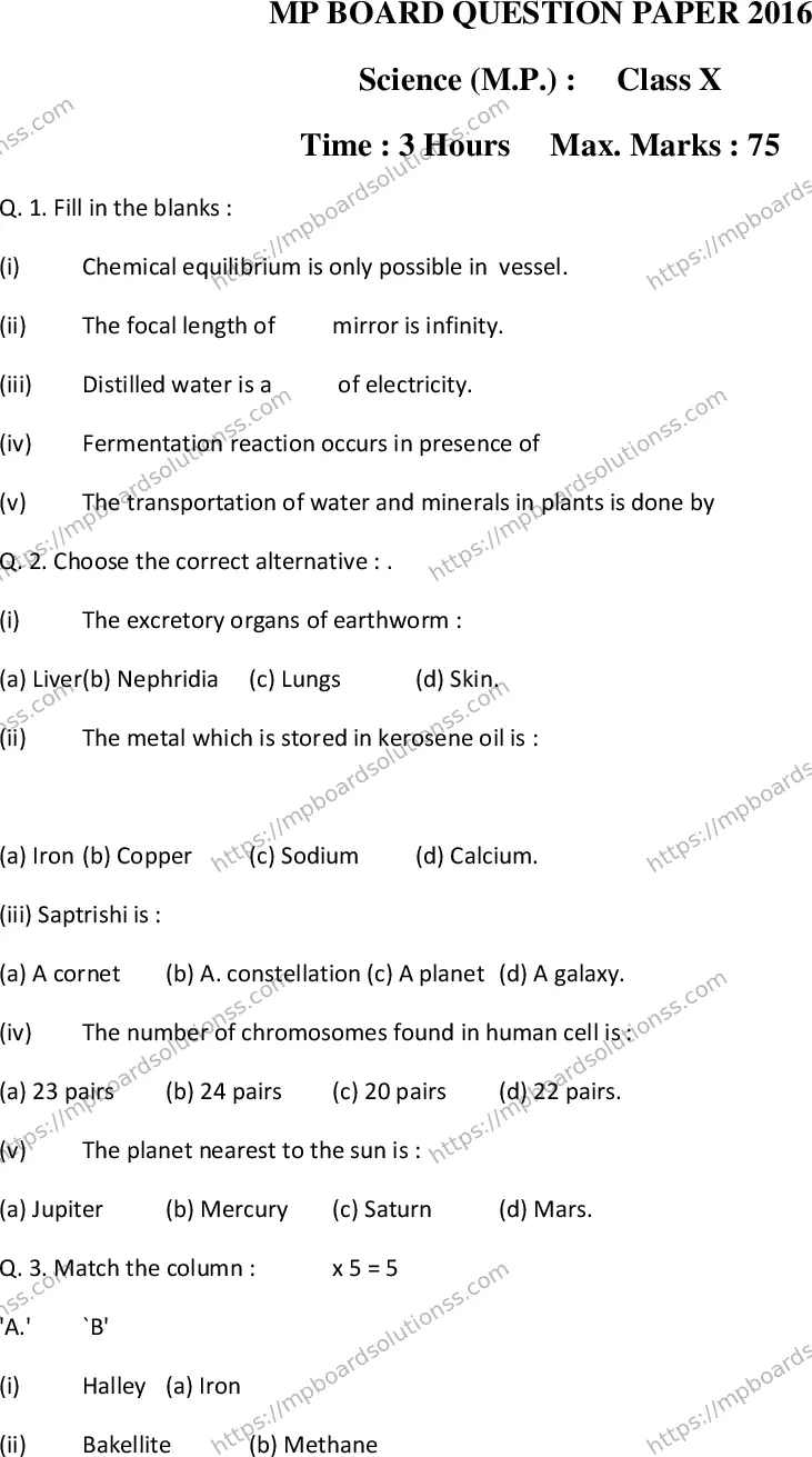 MP Board Class 10 Science EM-232477 Final Paper 2016 Image 1