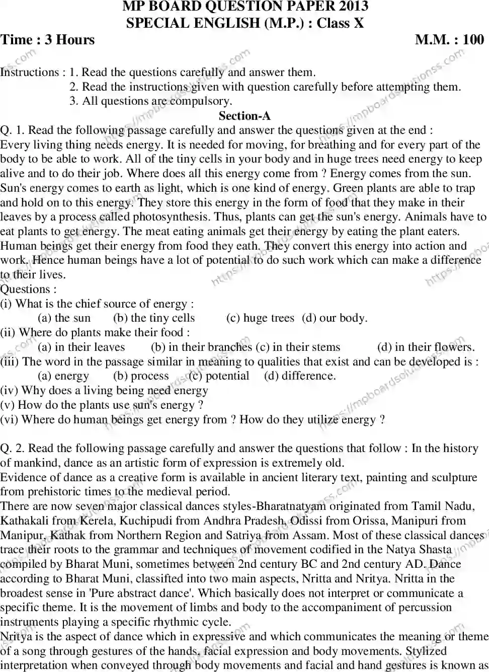 MP Board Class 10 Special English-887775 Final Paper 2013 Image 1