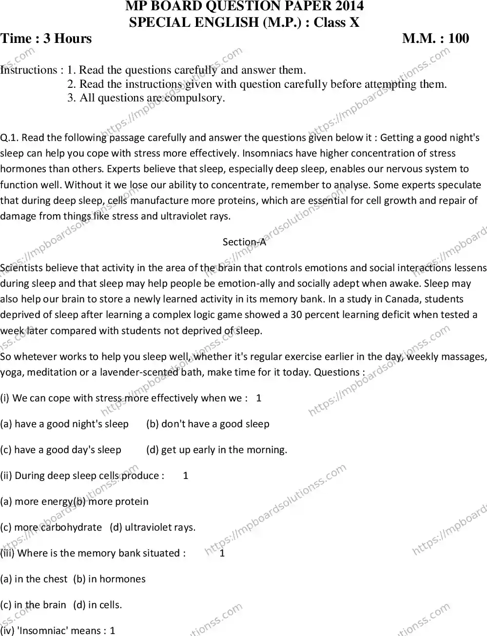 MP Board Class 10 Special English EM-487483 Final Paper 2014 Image 1