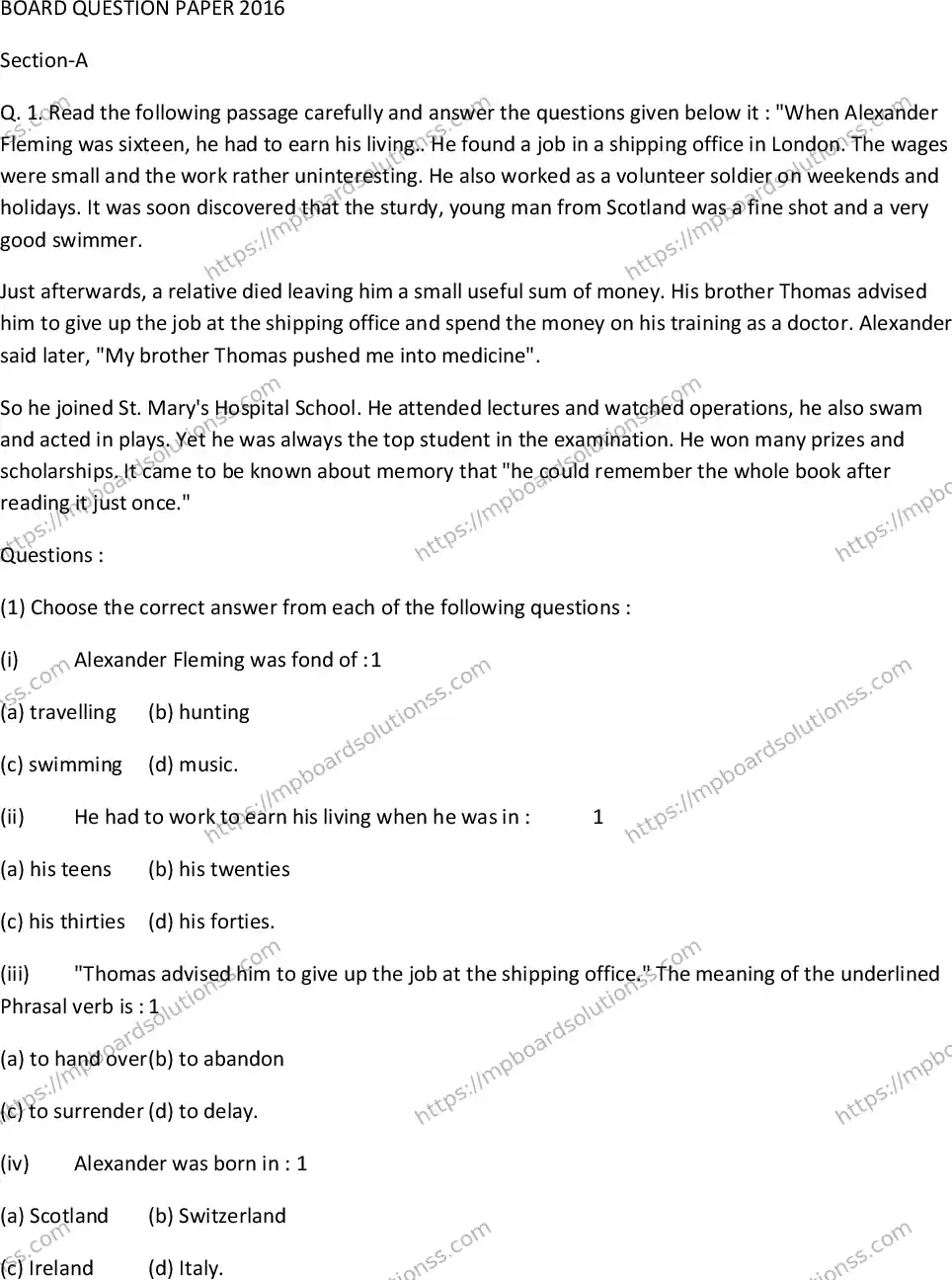 MP Board Class 10 Special English EM-507032 Final Paper 2016 Image 1