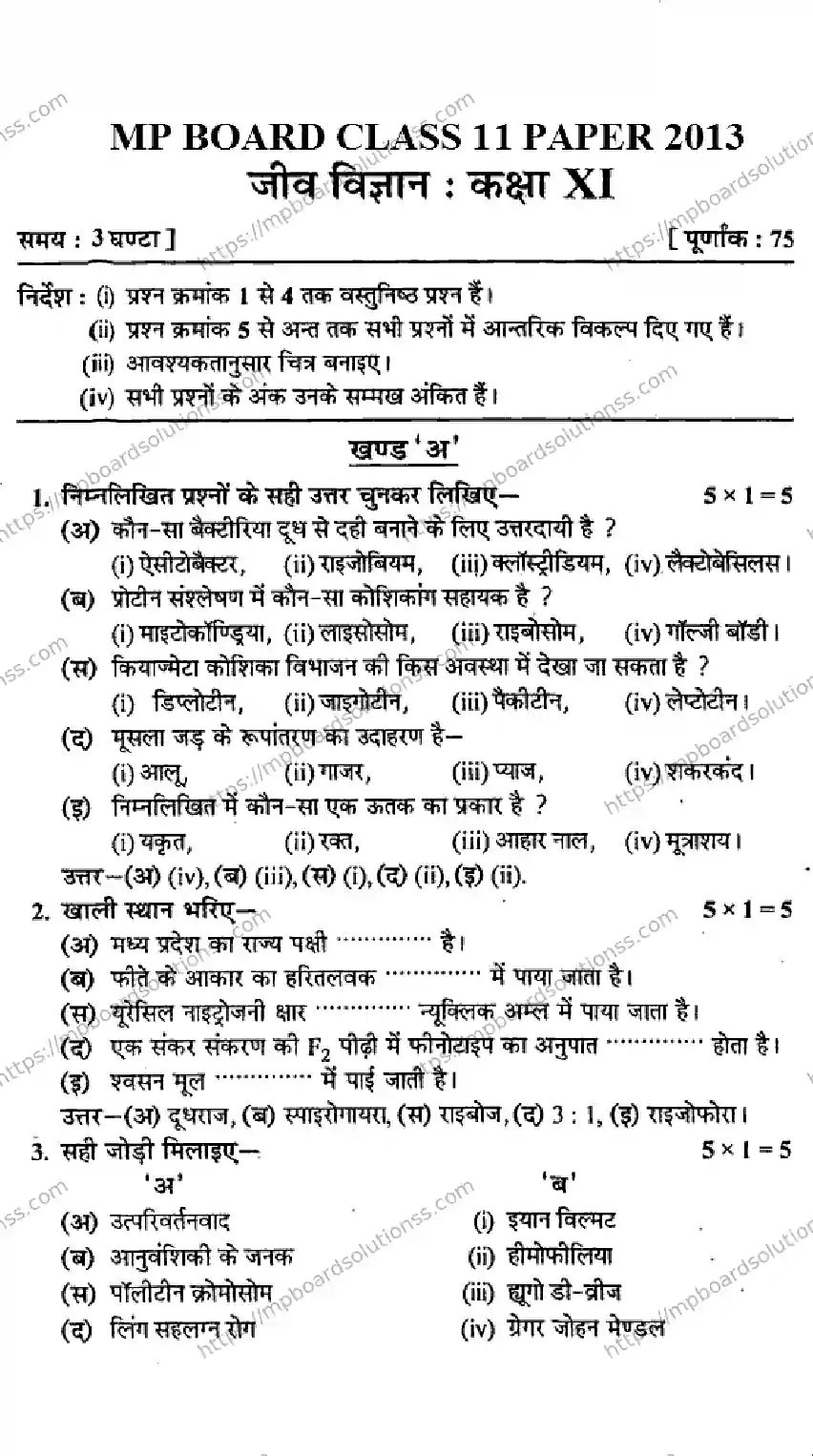 MP Board Class 11 Biology HM-978374 Final Paper 2013 Image 1
