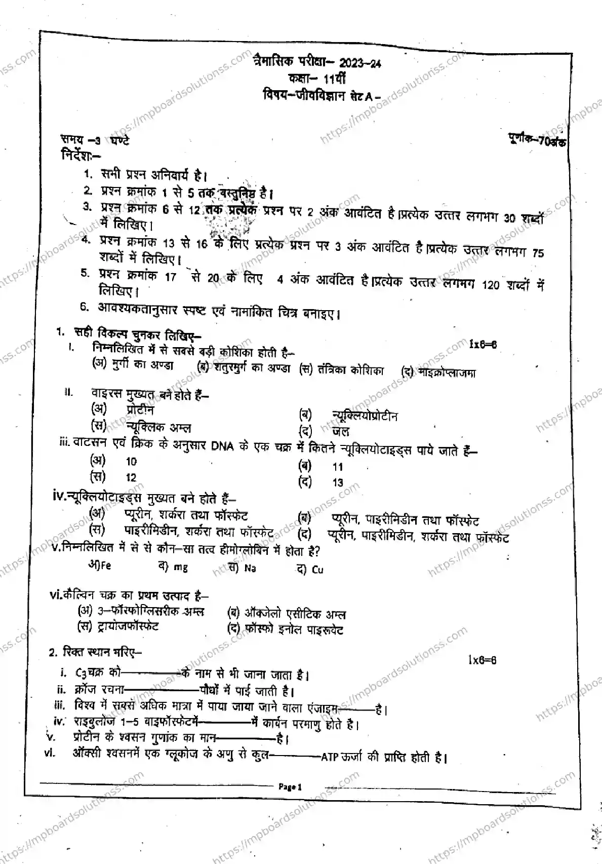 MP Board Class 11 Biology Set A QTR-932869 Final Paper 2024 Image 1