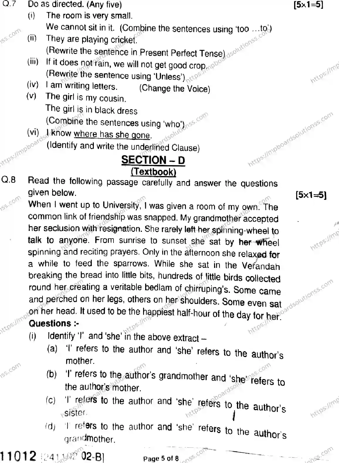 MP Board Class 11 English-427689 Final Paper 2024 Image 5