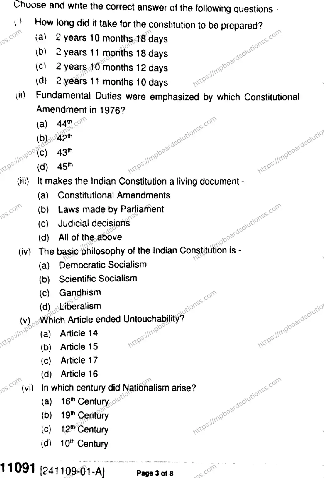 MP Board Class 11 Political Science-269340 Final Paper 2024 Image 3