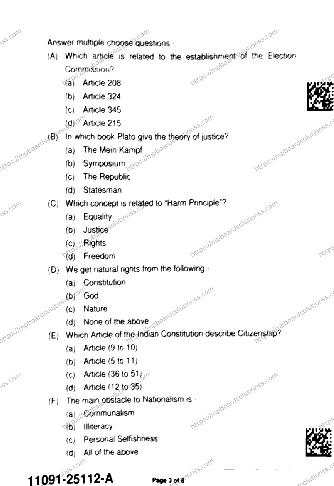 MP Board Class 11 Political Science-503582 Final Paper 2025 Image 3