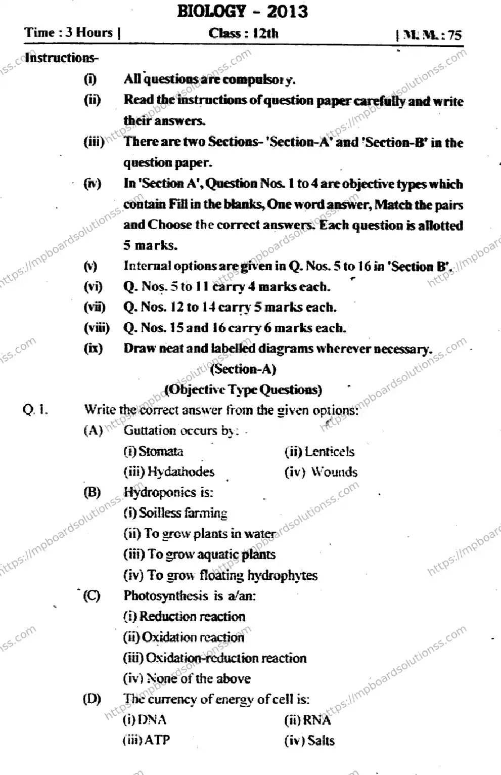 MP Board Class 12 Biology EM-219908 Final Paper 2013 Image 1