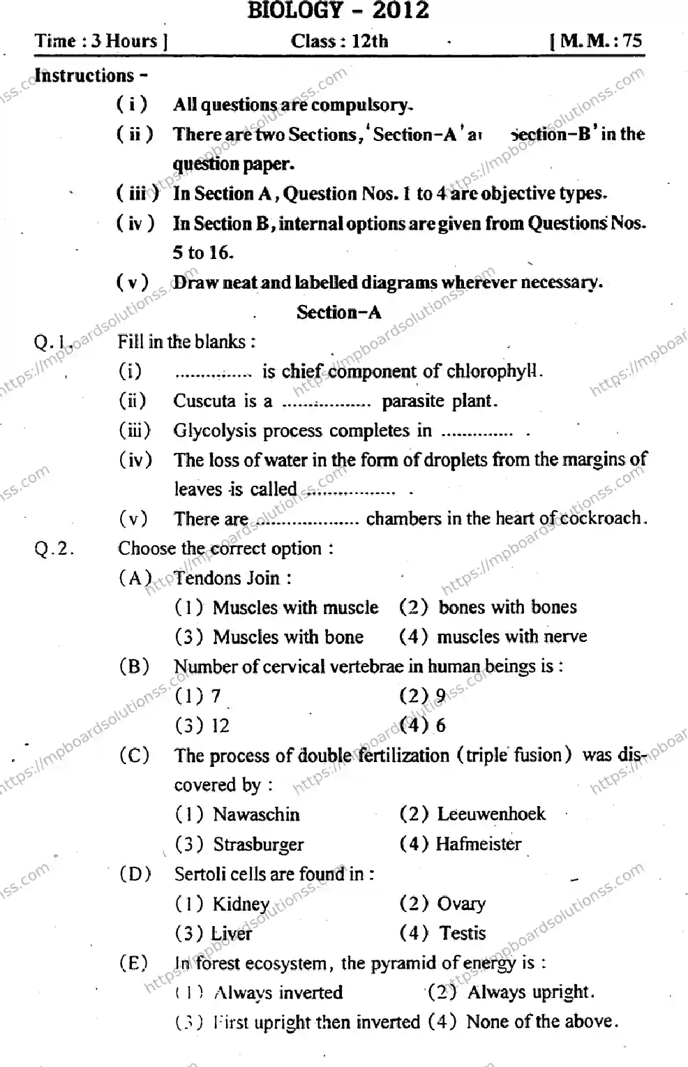 MP Board Class 12 Biology EM-849086 Final Paper 2012 Image 1