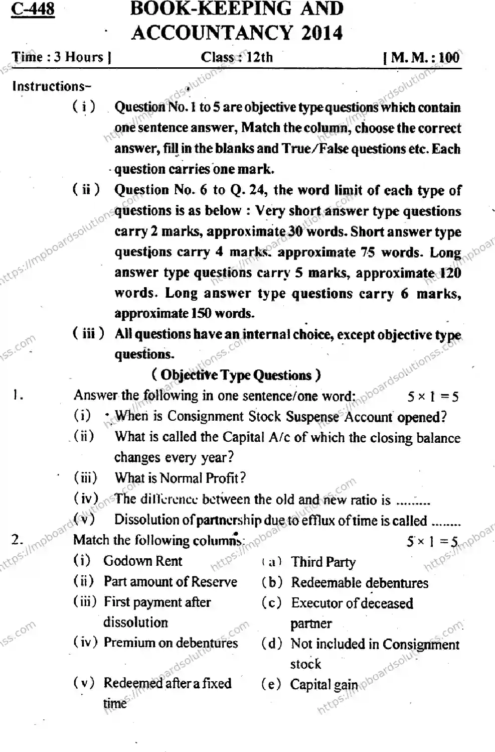 MP Board Class 12 Book Keeping & Accountancy EM-524530 Final Paper 2014 Image 1