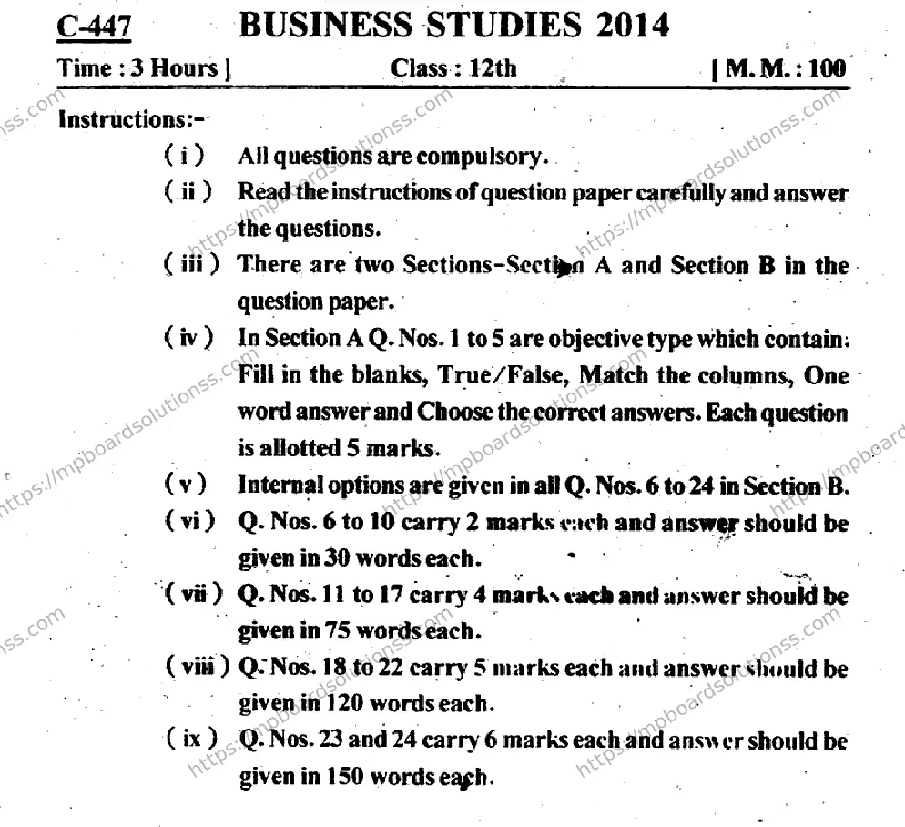 MP Board Class 12 Business Studies EM-462782 Final Paper 2014 Image 1