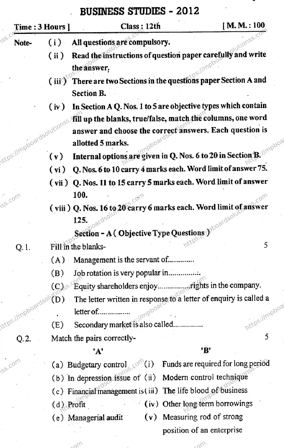 MP Board Class 12 Business Studies EM-513765 Final Paper 2012 Image 1