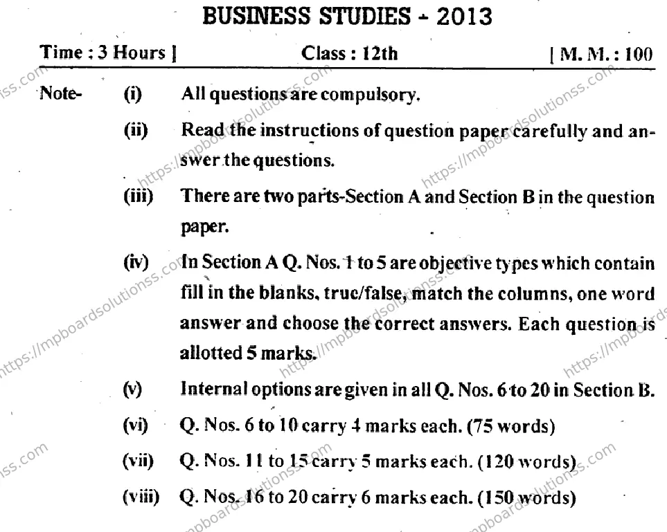 MP Board Class 12 Business Studies EM-780914 Final Paper 2013 Image 1