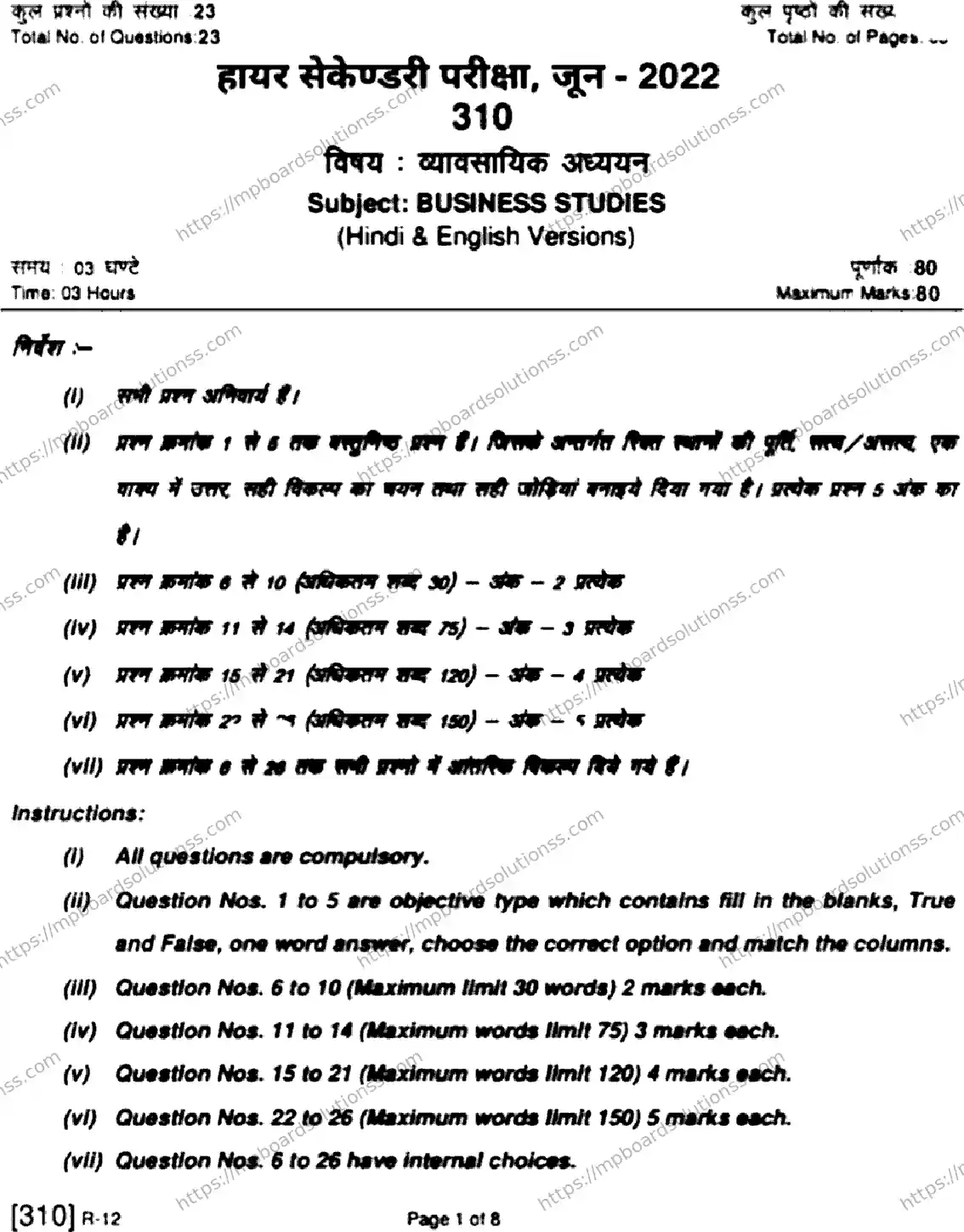 MP Board Class 12 Business Studies HE Supplementary-317846 Final Paper 2022 Image 1