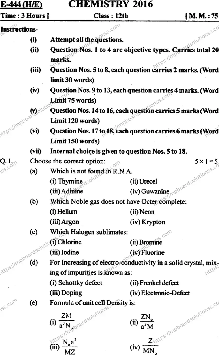 MP Board Class 12 Chemistry-634631 Final Paper 2016 Image 5