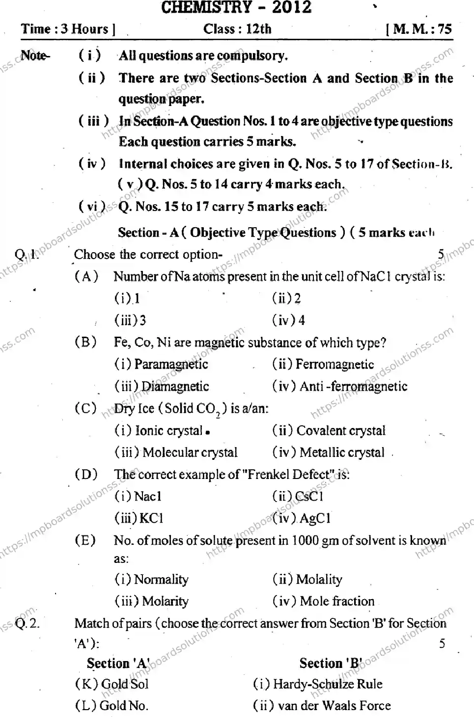 MP Board Class 12 Chemistry EM-560941 Final Paper 2012 Image 1