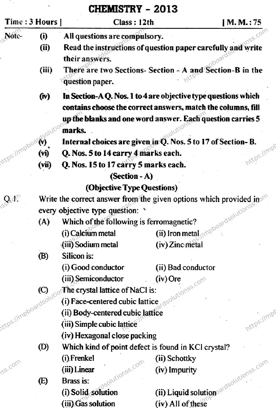 MP Board Class 12 Chemistry EM-744495 Final Paper 2013 Image 1