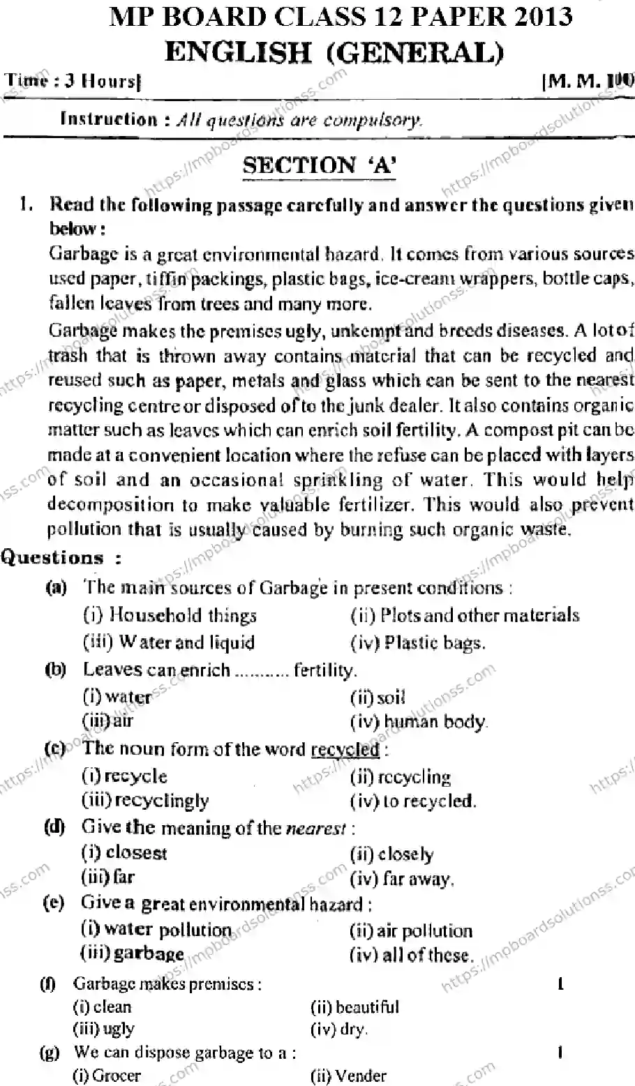 MP Board Class 12 English General-471516 Final Paper 2013 Image 1