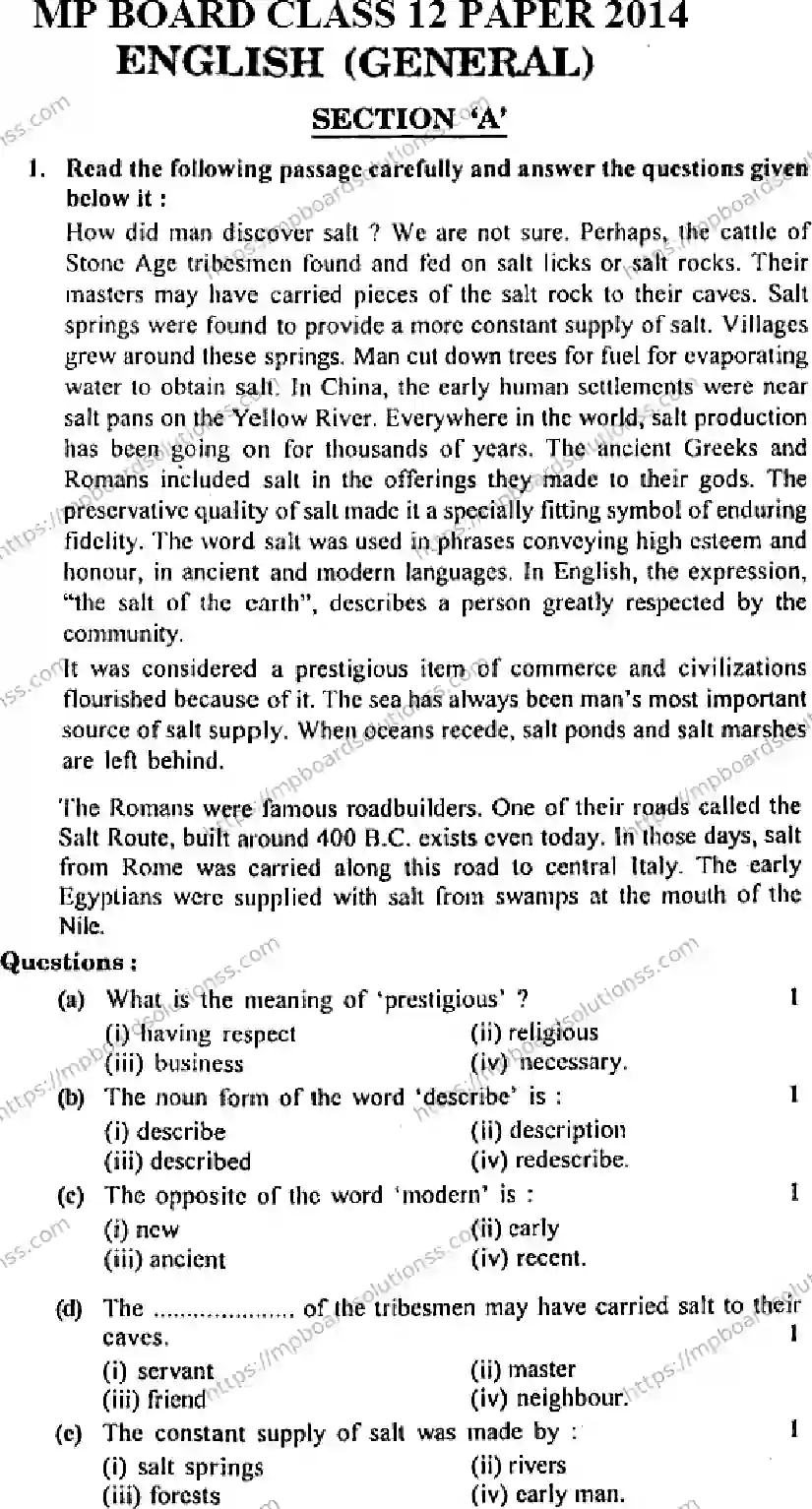 MP Board Class 12 English General-611048 Final Paper 2014 Image 1