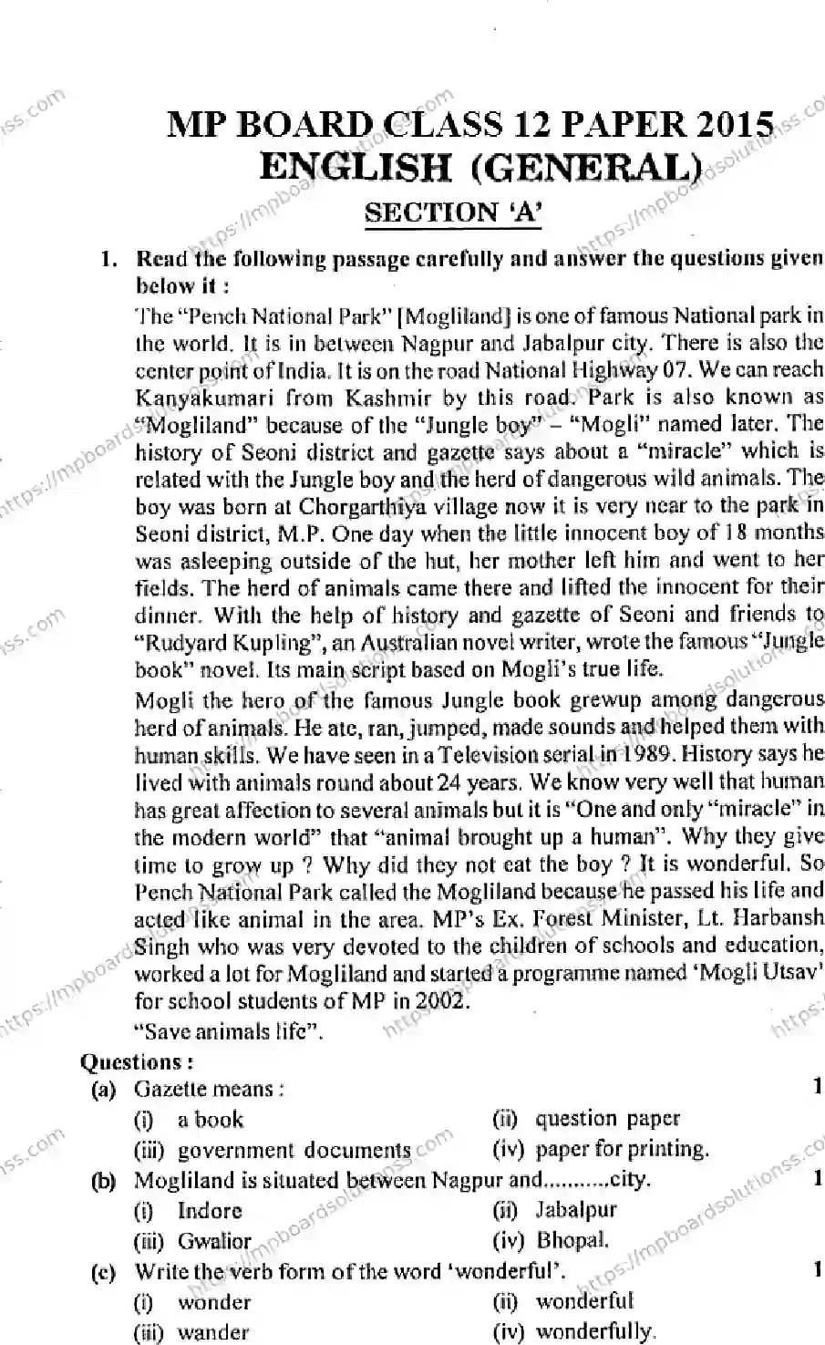 MP Board Class 12 English General-613129 Final Paper 2015 Image 1