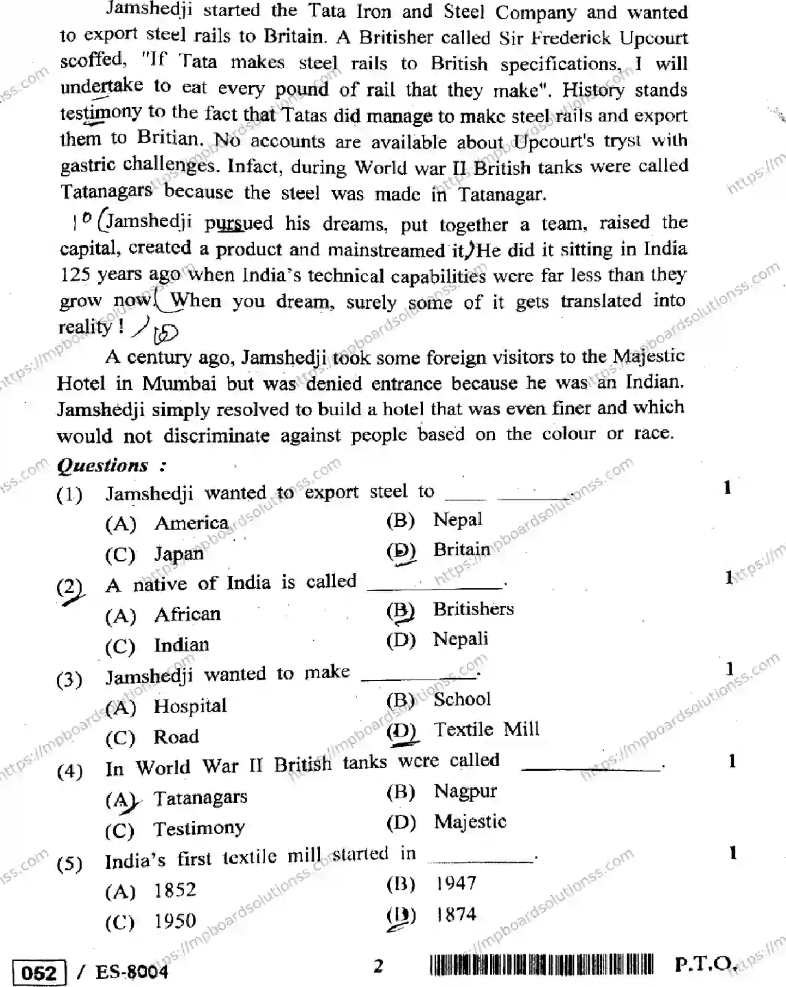 MP Board Class 12 English General ES-778010 Final Paper 2020 Image 2