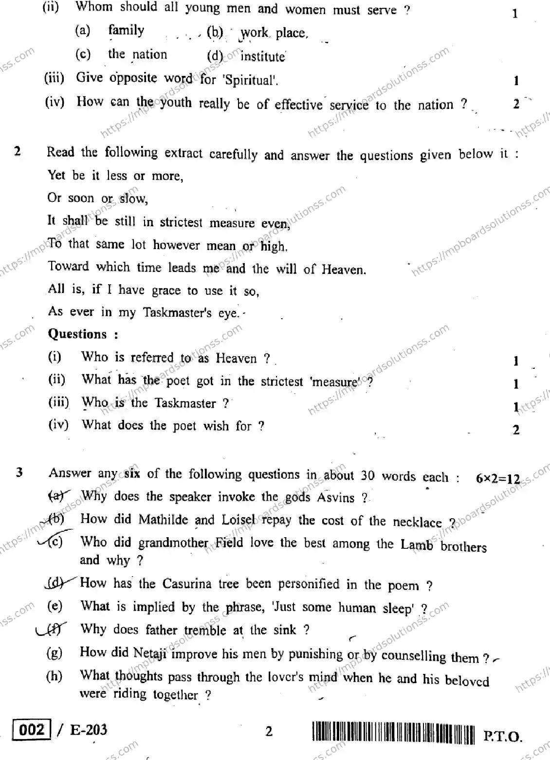 MP Board Class 12 English Special E-970232 Final Paper 2019 Image 2