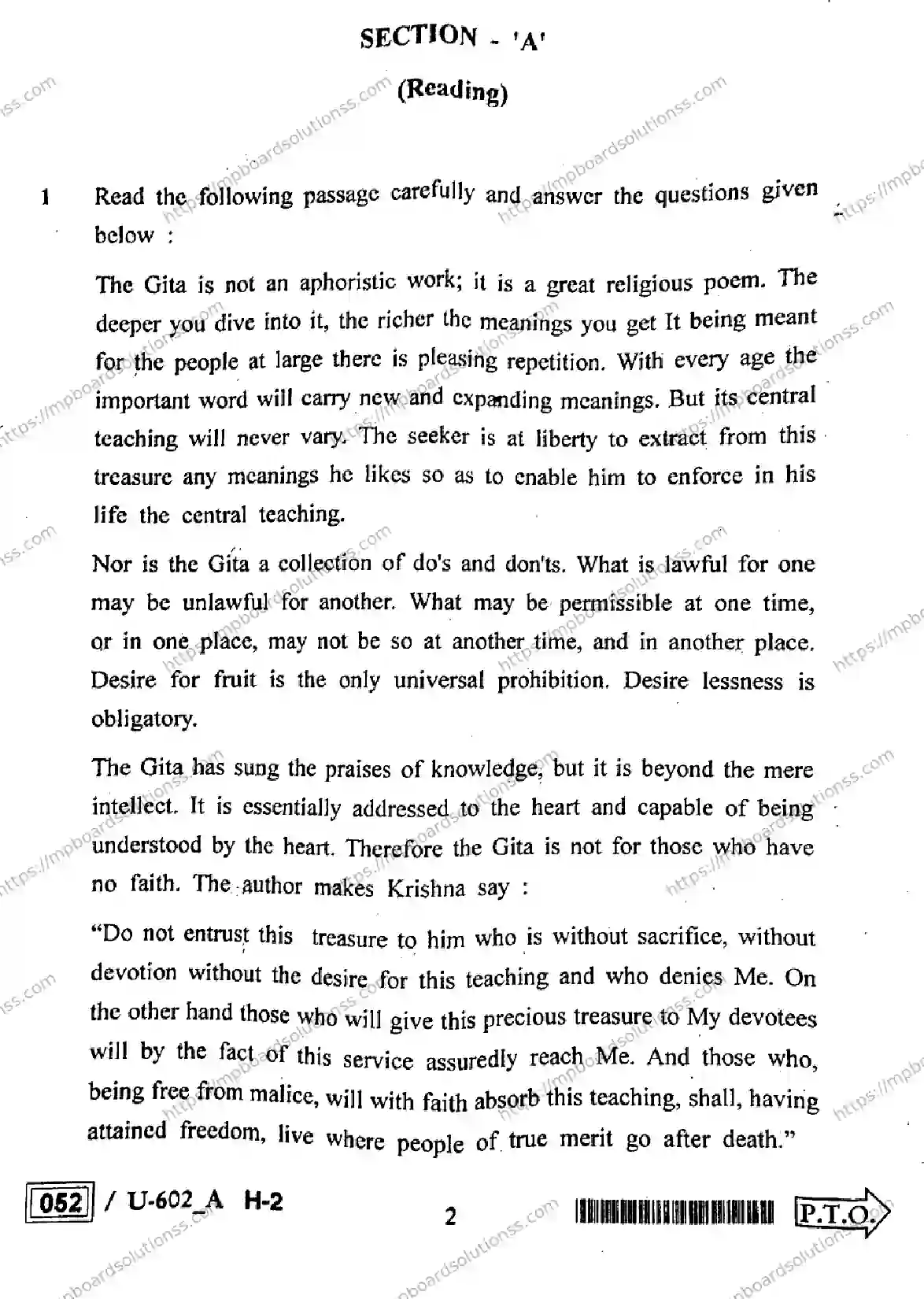 MP Board Class 12 English U Set A-172959 Final Paper 2023 Image 2