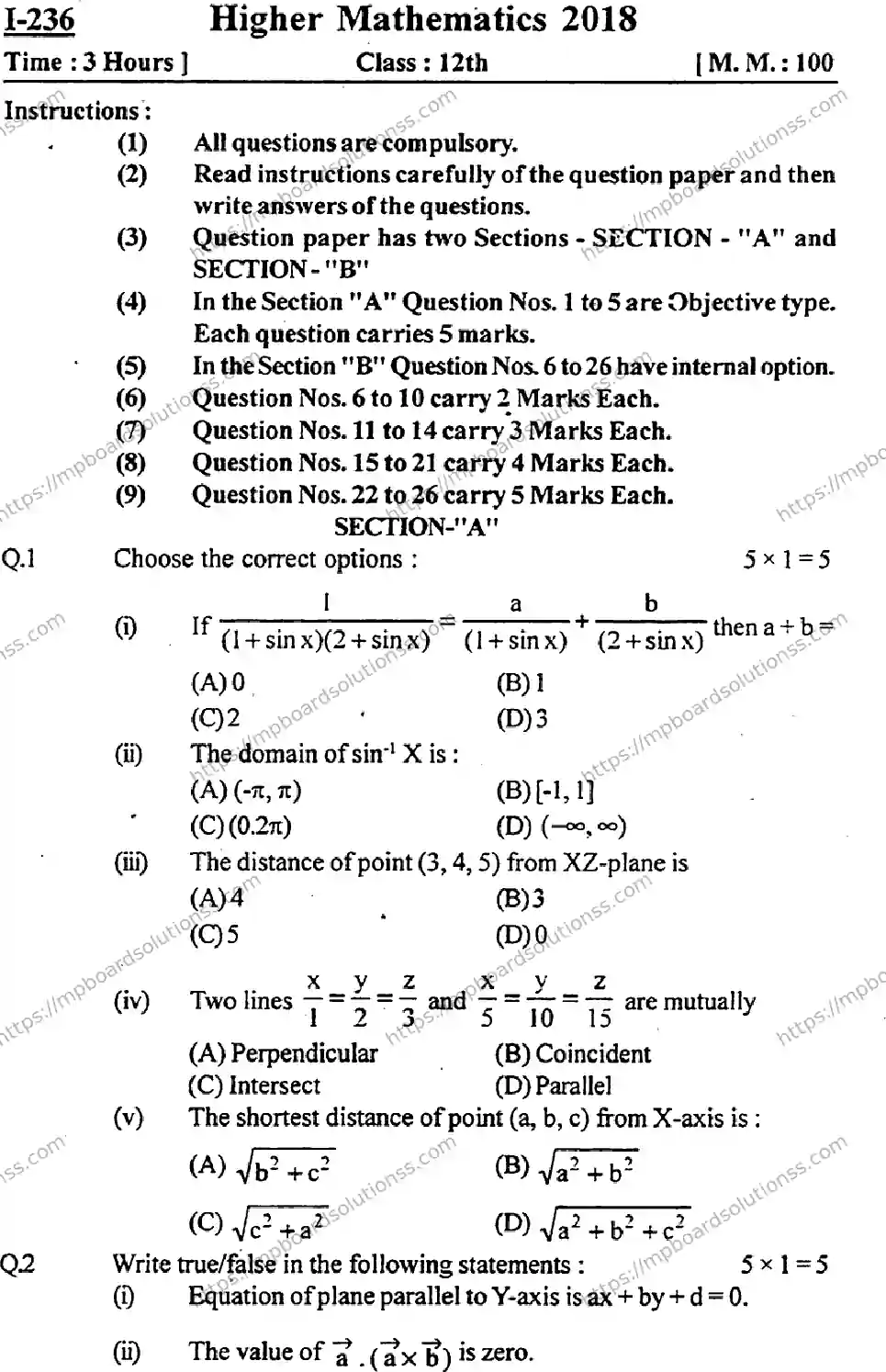 MP Board Class 12 Higher Mathmatics-157308 Final Paper 2018 Image 6