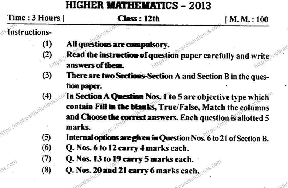 MP Board Class 12 Higher Mathmatics EM-819823 Final Paper 2013 Image 1