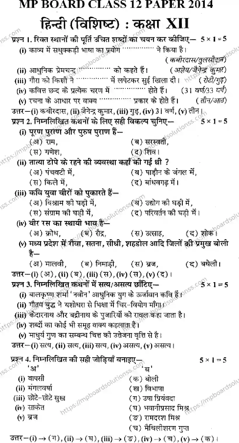 MP Board Class 12 Hindi Special-634156 Final Paper 2014 Image 1