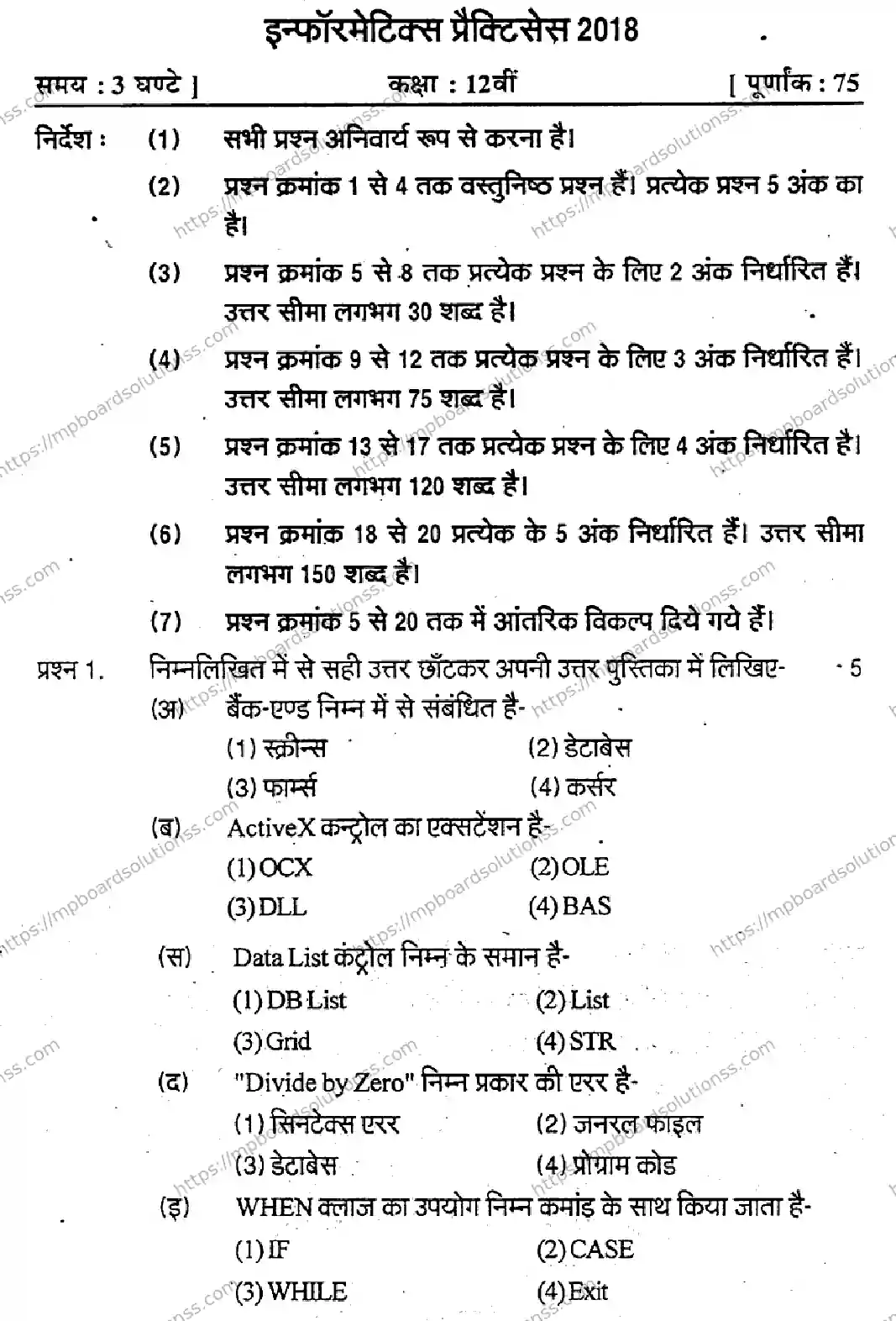MP Board Class 12 Informatics Practices-507219 Final Paper 2018 Image 1