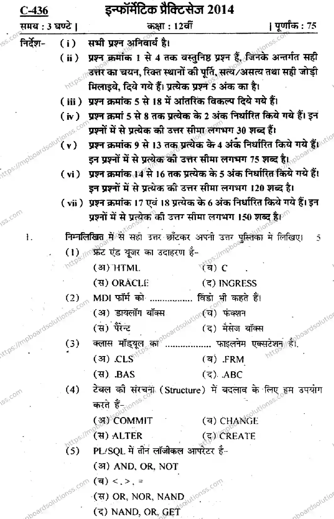 MP Board Class 12 Informatics Practices-819762 Final Paper 2014 Image 1