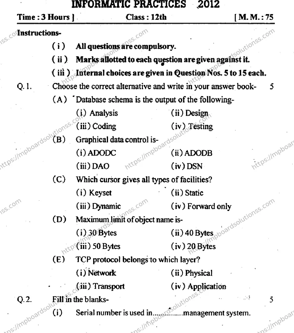 MP Board Class 12 Informatics Practices EM-637529 Final Paper 2012 Image 1