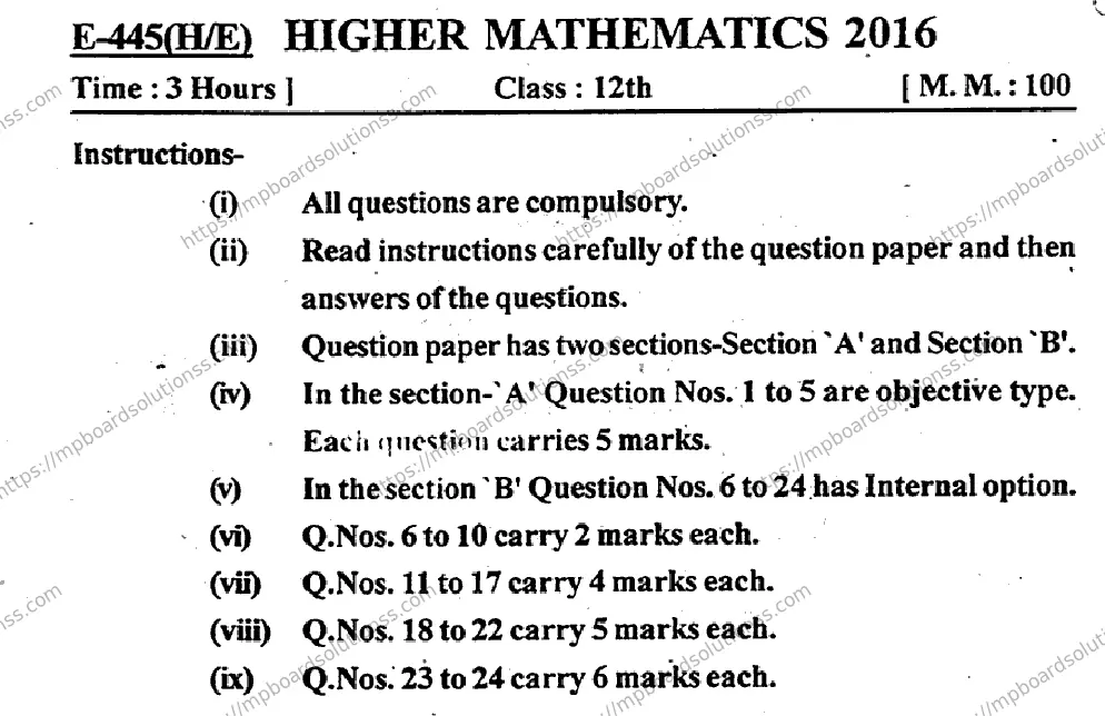MP Board Class 12 Mathmatics-583454 Final Paper 2016 Image 5