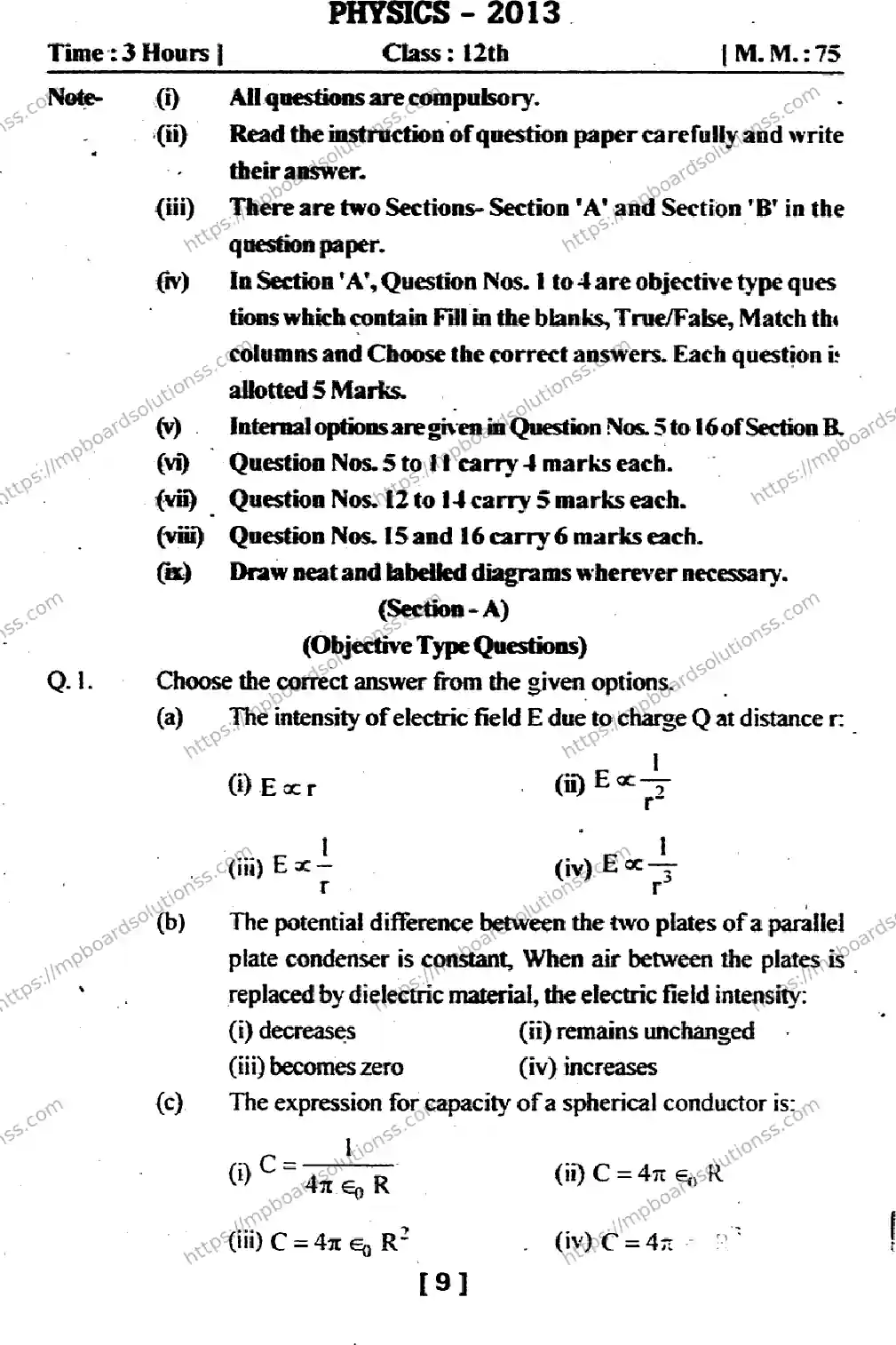 MP Board Class 12 Physics EM-268296 Final Paper 2013 Image 1