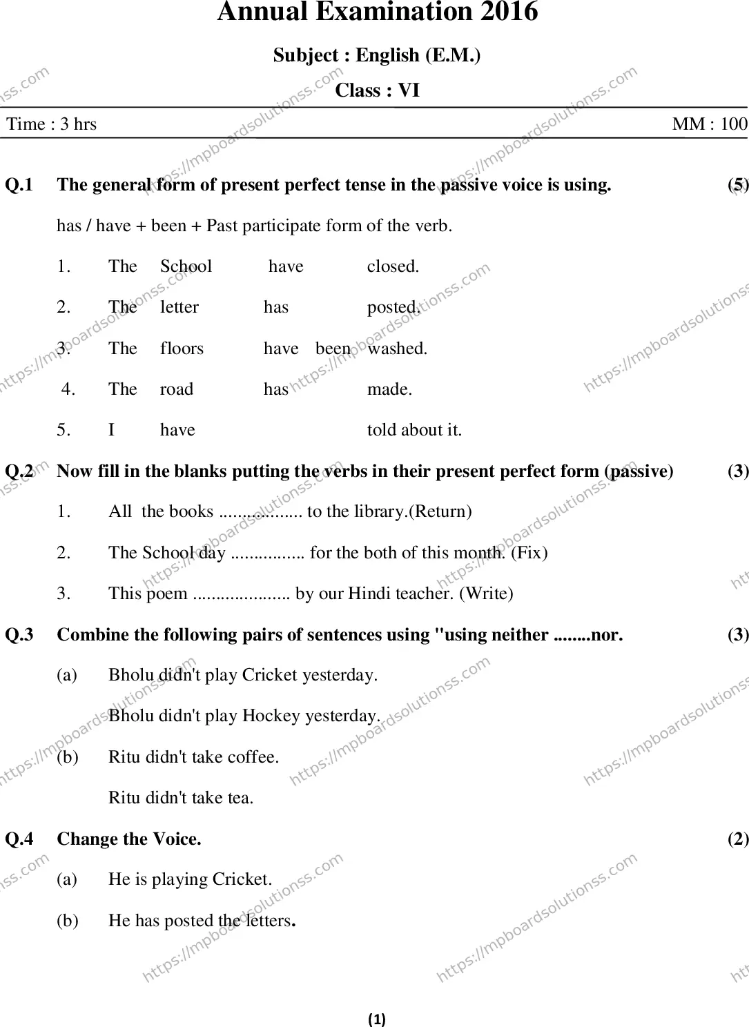 MP Board Class 6 English EM-774510 Final Paper 2015 Image 1
