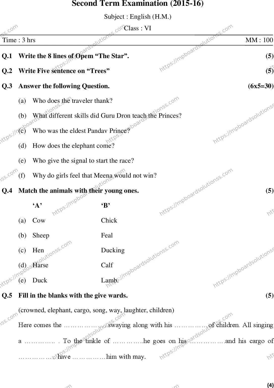 MP Board Class 6 English EM-806996 Final Paper 2016 Image 4