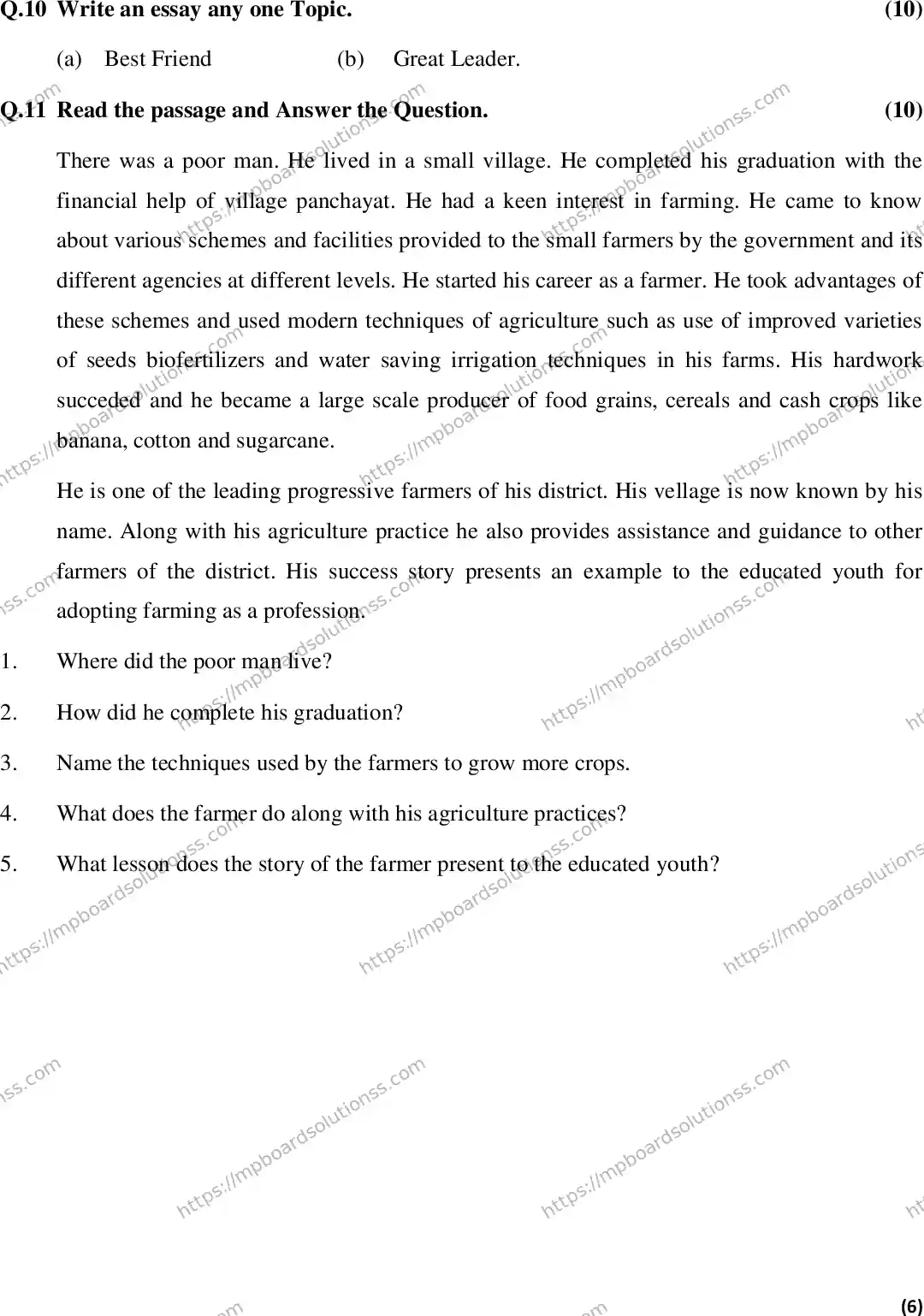 MP Board Class 6 English EM-806996 Final Paper 2016 Image 6
