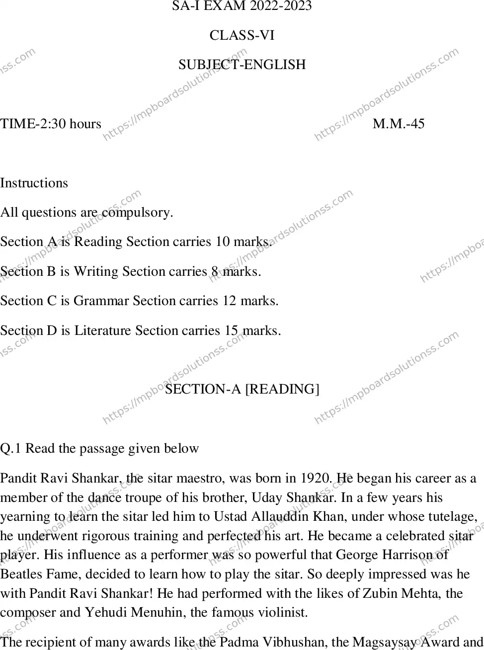 MP Board Class 6 English SA -449779 Final Paper 2023 Image 1