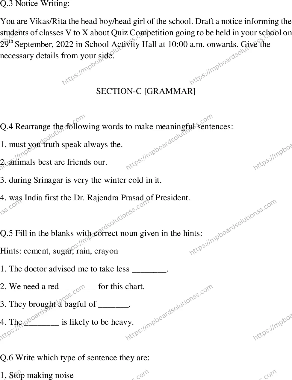 MP Board Class 6 English SA -449779 Final Paper 2023 Image 3
