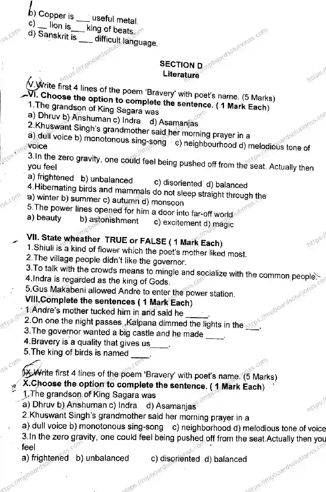 MP Board Class 6 English T-573146 Final Paper 2023 Image 3