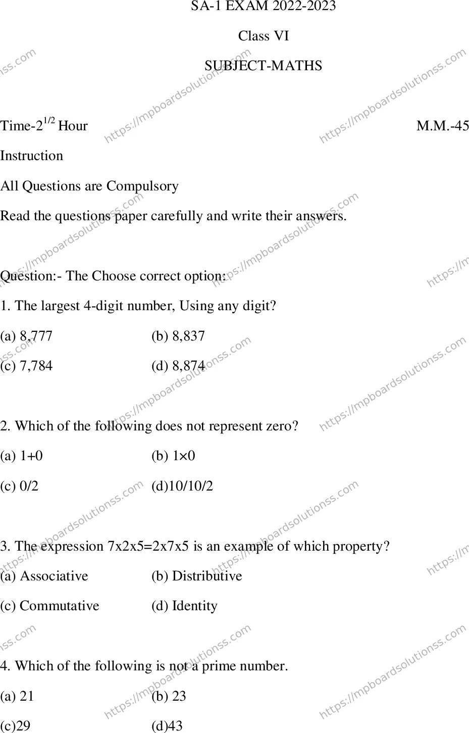 MP Board Class 6 Mathematics SA -172492 Final Paper 2023 Image 1