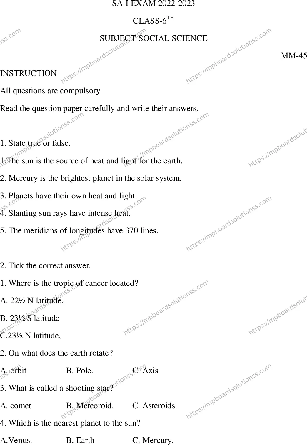 MP Board Class 6 Social Science SA -311888 Final Paper 2023 Image 1