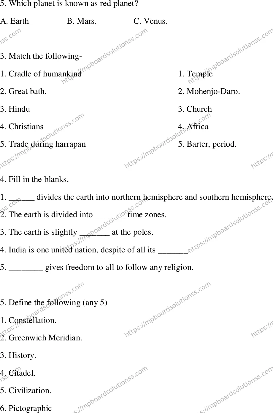 MP Board Class 6 Social Science SA -311888 Final Paper 2023 Image 2