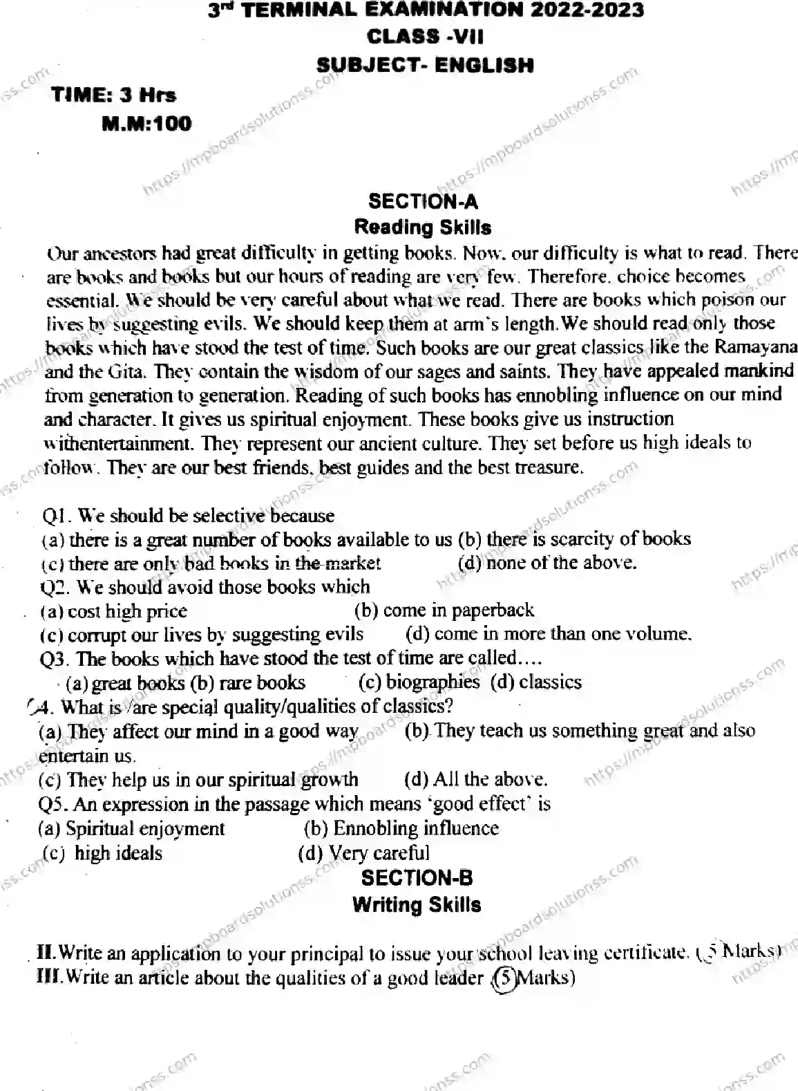 MP Board Class 7 English T-434157 Final Paper 2023 Image 1