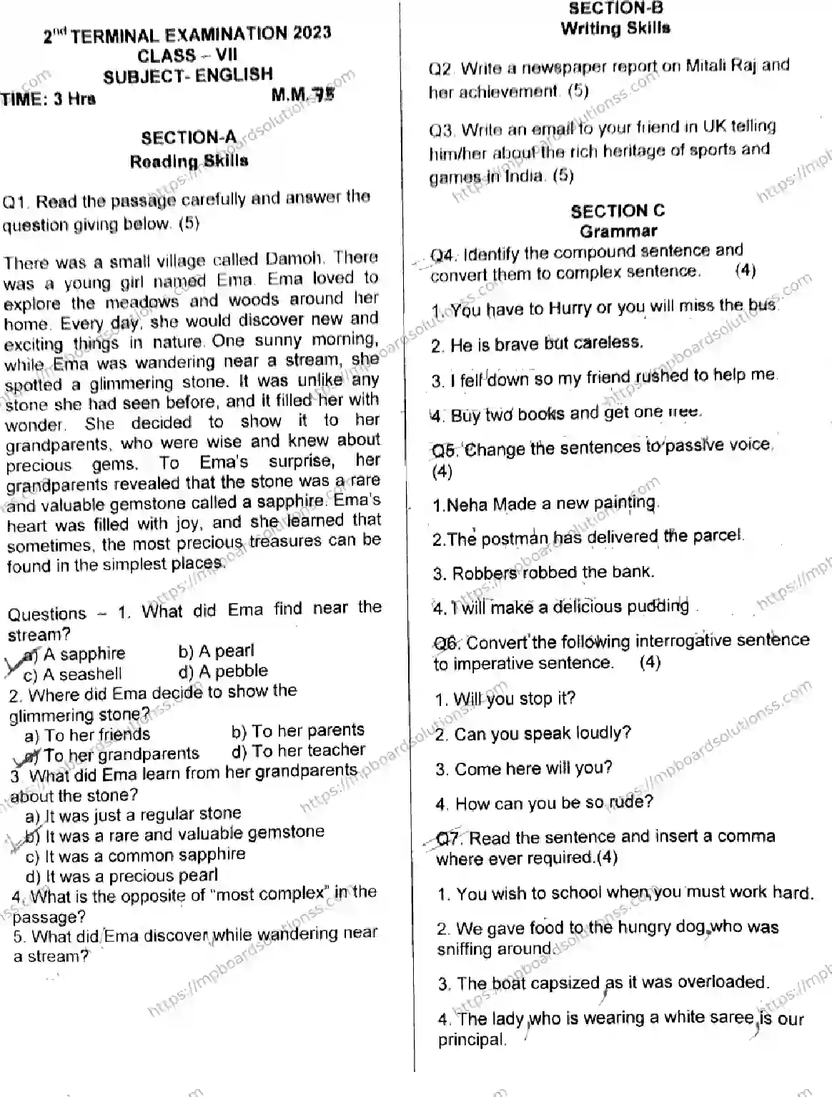 MP Board Class 7 English T-517916 Final Paper 2023 Image 1
