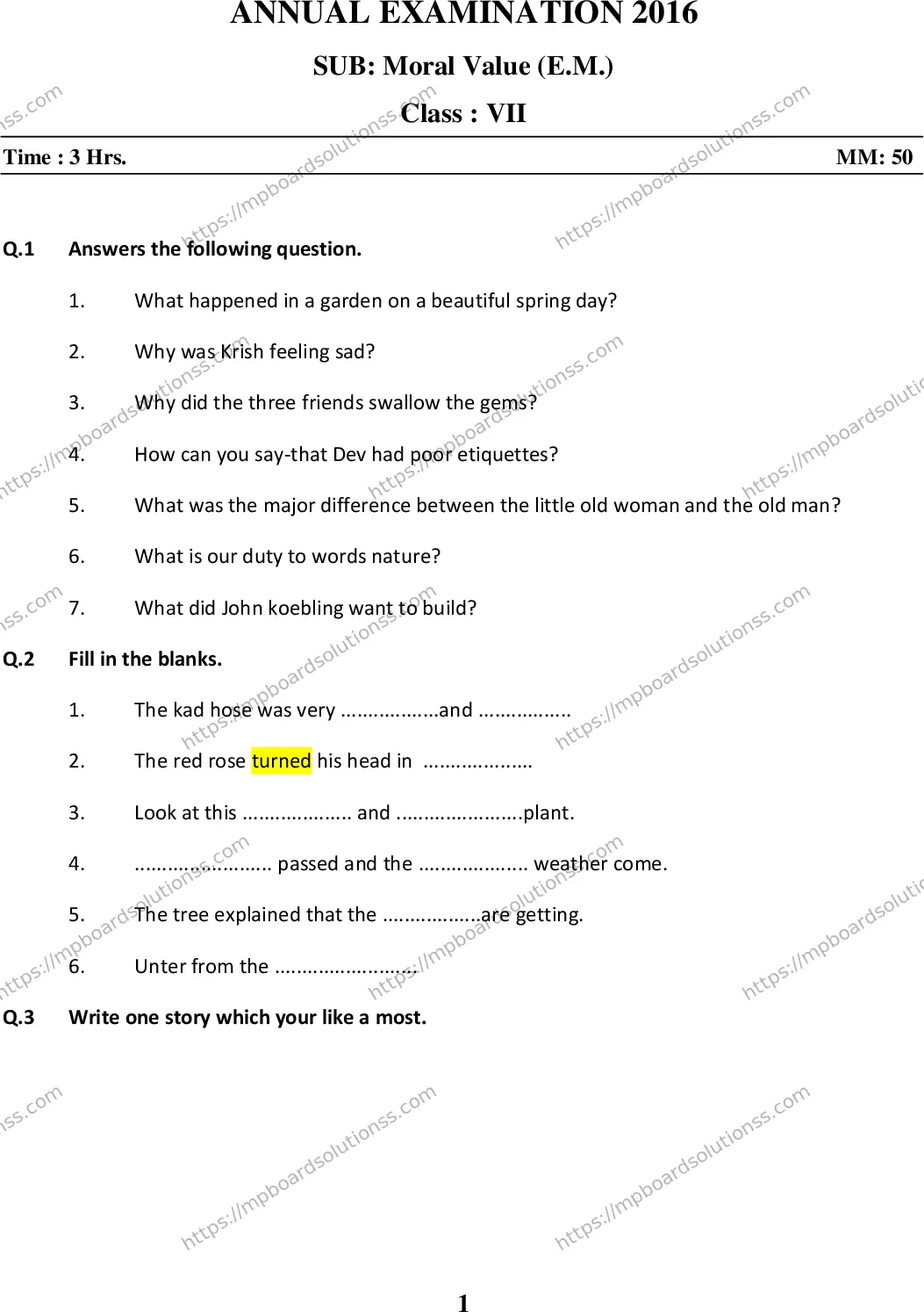MP Board Class 7 Moral value EM-589569 Final Paper 2016 Image 1